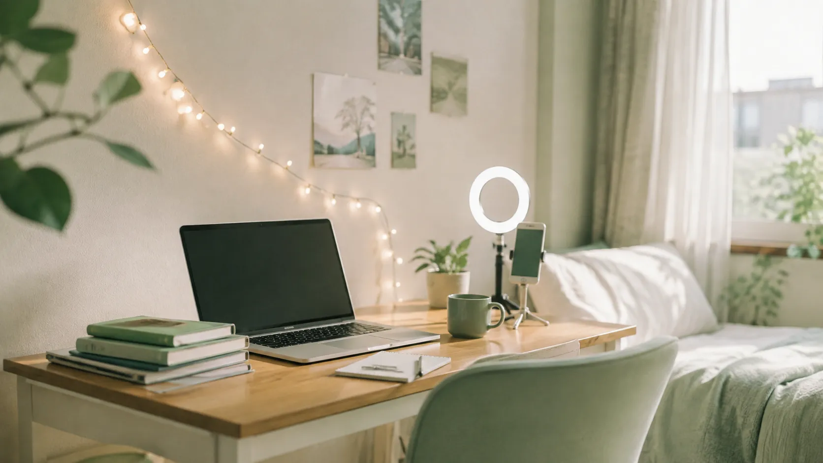 自宅の部屋でスマホを持ってほほえむ20歳の女子大学生